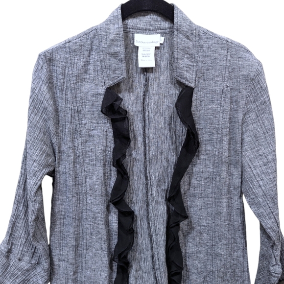 Soft Surroundings Grey Linen Blend Open Front Duster Coat with Black Frill (S) - Picture 4 of 7